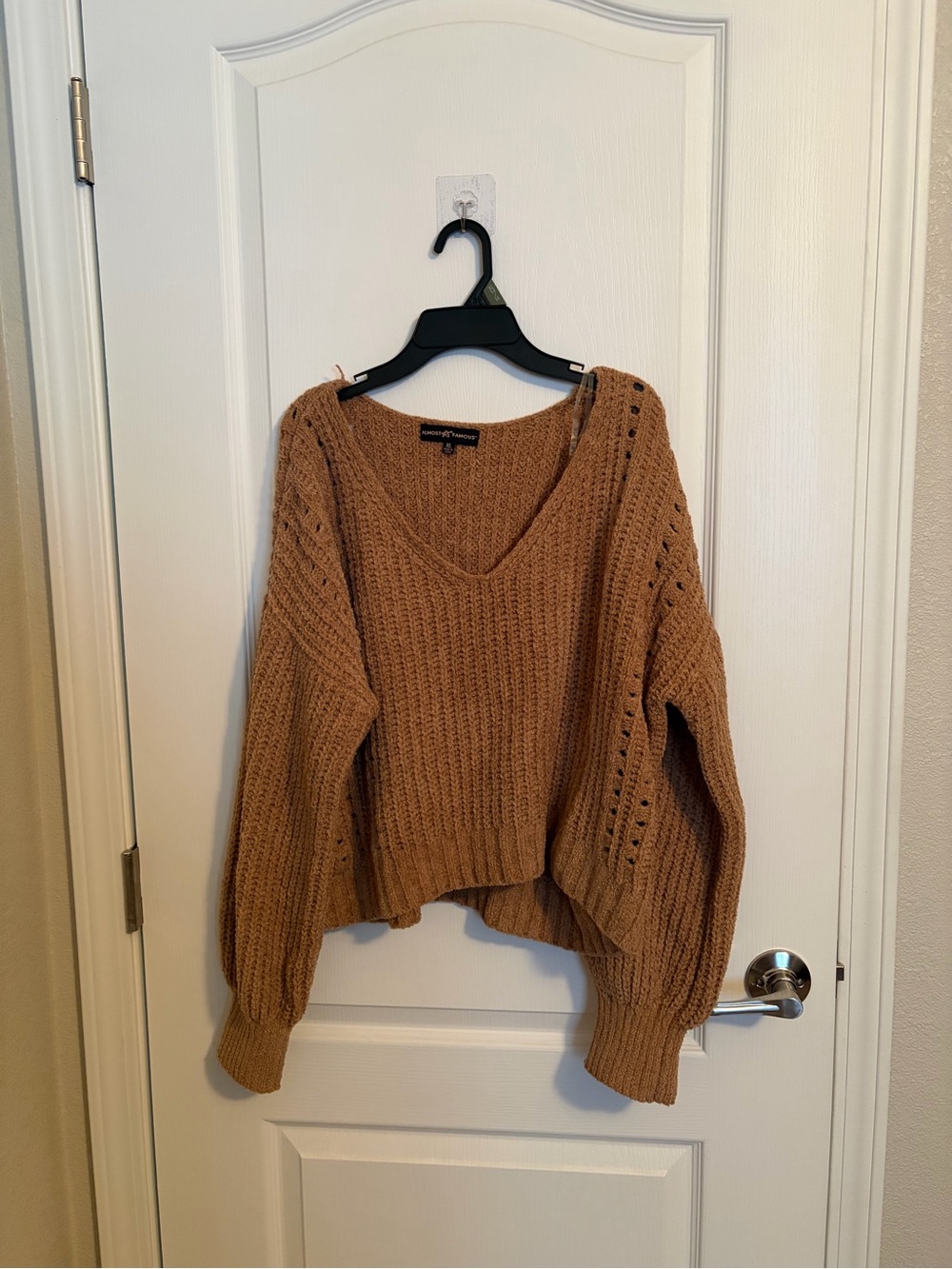 Almost Famous Camel V-Neck Open-Knit Chunky Sweater